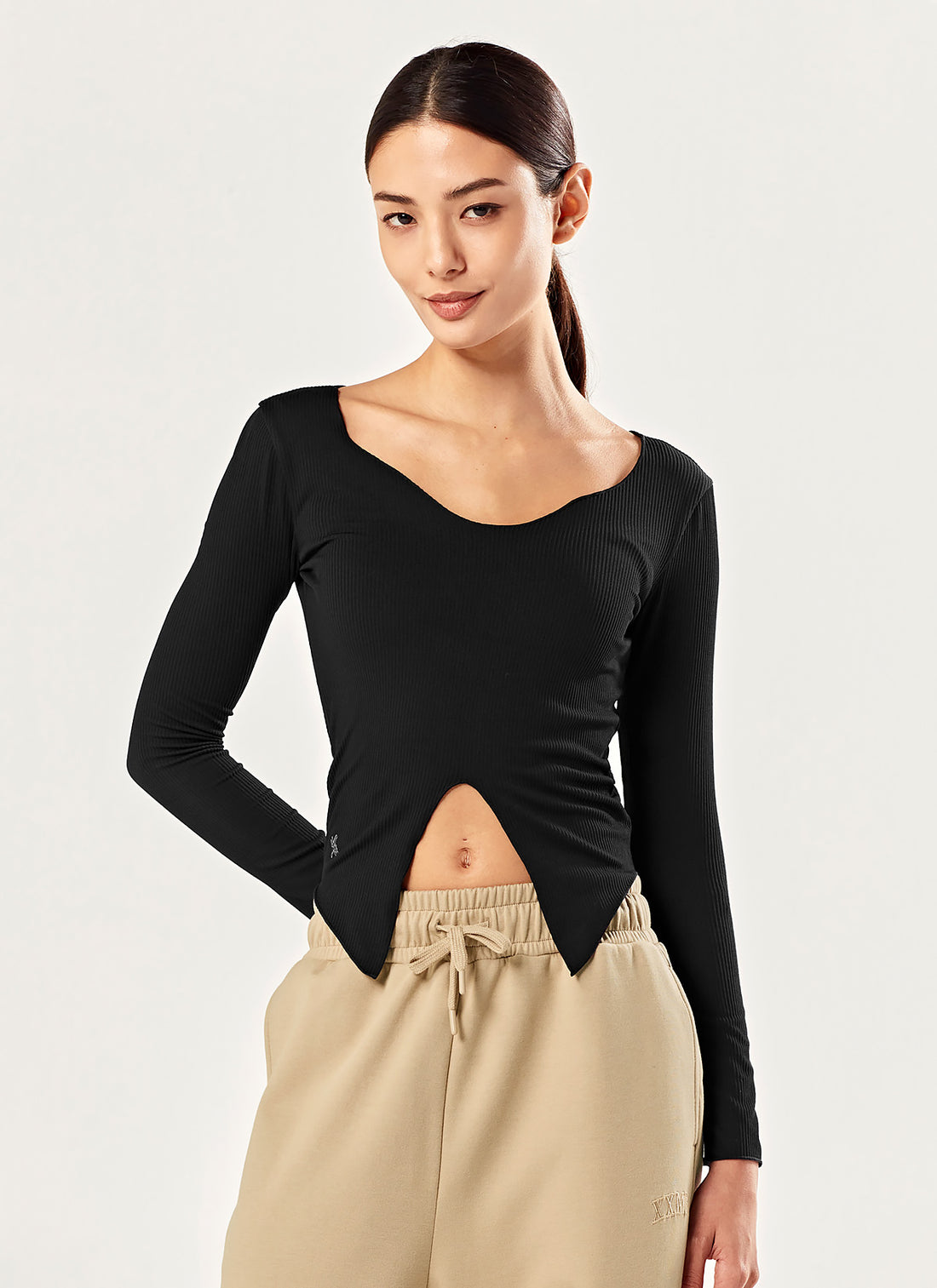 Ribbed Front-Slit Long Sleeve